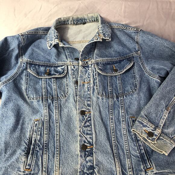 VTG 90s Denim Jacket Mens L Blue Jean Trucker Medium Wash Cotton Ranch Grunge - Picture 2 of 8